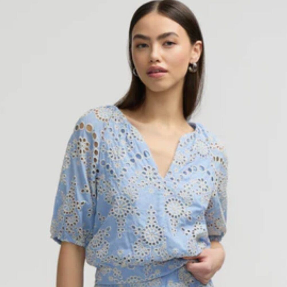 NVLT Blue Eyelet Embroidered Puff Sleeve Cotton Blouse | Size Large